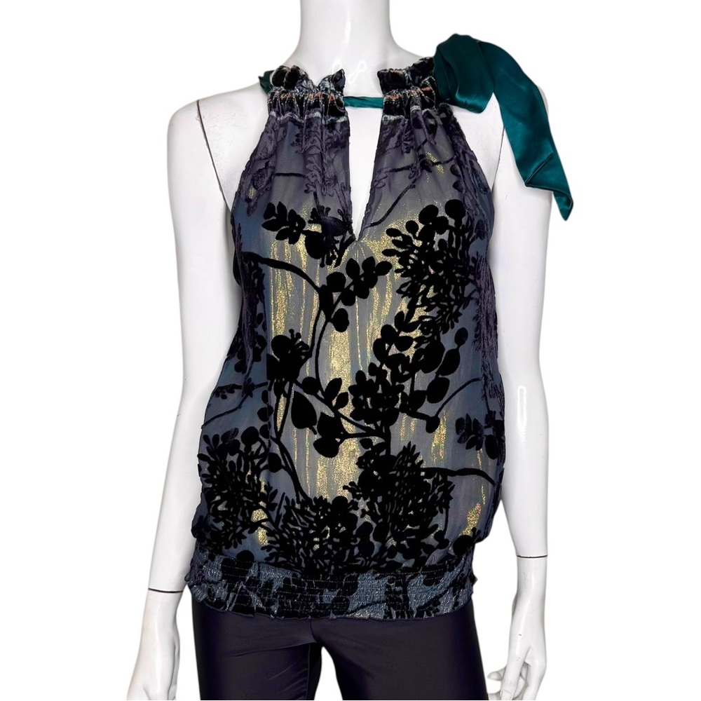 Halo Bob Silk Blend Velvet Vibrant Green Ruffled Sleeveless Halter Blouse - Picture 3 of 9